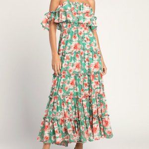 Chance For Us Green Floral Off-the-Shoulder Ruffled Maxi Dress